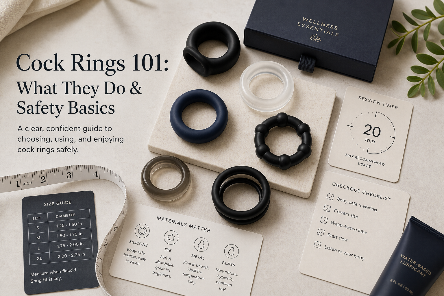 What Do Cock Rings Do? Safety Guide Cock ring safety guide with flexible rings, measuring tape, timer card, material labels, and a discreet checkout checklist on a neutral tabletop